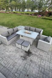 Fimous Rattan Fire Pit Garden Furniture Dining Table Set Gas Heater Burner Lounge Sofa Side Coffee Table in Light Grey - thumbnail 3