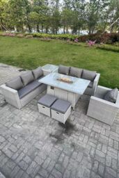 Fimous Rattan Fire Pit Garden Furniture Dining Table Set Gas Heater Burner Lounge Sofa Side Coffee Table in Light Grey - thumbnail 1