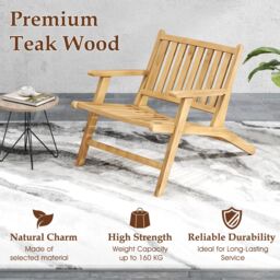 Gymax Teak Wood Reclining Chair Natural Mid Century Accent Armchair-Natural in Light Khaki - thumbnail 5