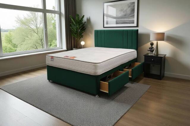 "Knight Sleep Sarah Plush Bed Set With Mattress, 2 Drawers Same Side & 24""Headboard in Dark Green - Size: Small Single" - image 1