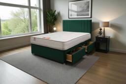 "Knight Sleep Sarah Plush Bed Set With Mattress, 2 Drawers Same Side & 24""Headboard in Dark Green - Size: Small Single" - thumbnail 1