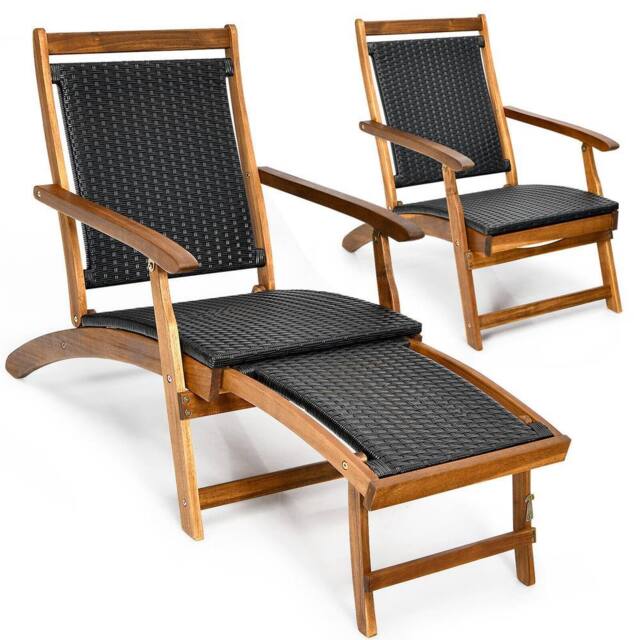Costway Folding Acacia Wood Lounge Chair with Retractable Footrest in Dark Brown - image 1