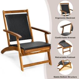 Costway Folding Acacia Wood Lounge Chair with Retractable Footrest in Dark Brown - thumbnail 4
