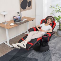 Gymax Gaming Chair Massage Swivel Gaming Recliner With Adjustable Height in Red - thumbnail 5