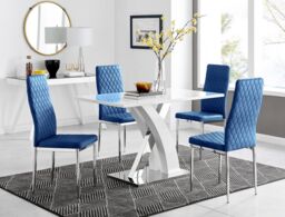 FurnitureboxUK Atlanta White High Gloss & Chrome 4 Seater Dining Table with X Shaped Legs & 4 Soft Velvet Milan Chairs in Navy - thumbnail 1