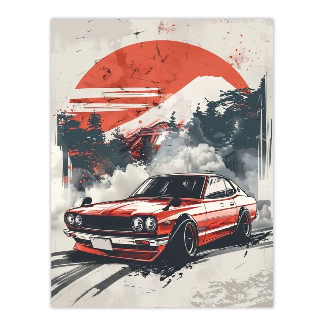 "Artery8 Retro Vintage Sportscar Classic Japanese Red Sky Wall Art Print - Size: W24"" x H32""" - image 1