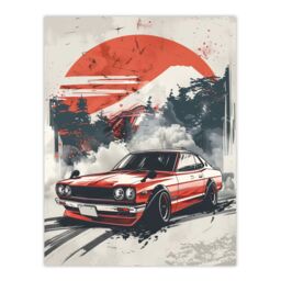 "Artery8 Retro Vintage Sportscar Classic Japanese Red Sky Wall Art Print - Size: W24"" x H32""" - thumbnail 1