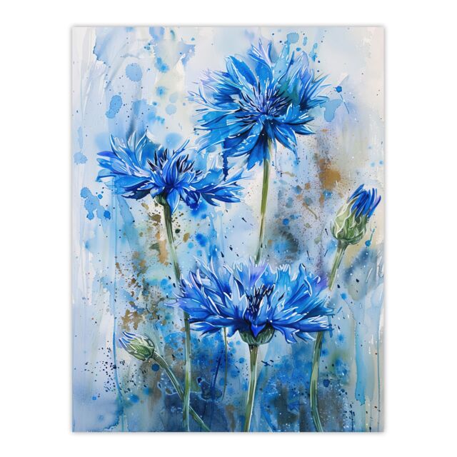 "Artery8 Cornflowers Blue Flower Watercolour Painting Wall Art Print - Size: W12"" x H16""" - image 1