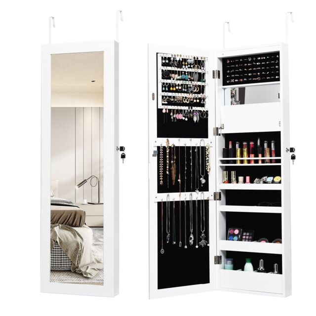 Costway Wall mounted Jewelry Storage Cabinet Door Hanging Jewelry Armoire with Full Mirror in White - image 1