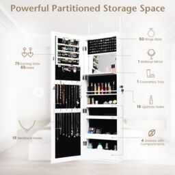Costway Wall mounted Jewelry Storage Cabinet Door Hanging Jewelry Armoire with Full Mirror in White - thumbnail 5
