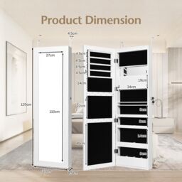 Costway Wall mounted Jewelry Storage Cabinet Door Hanging Jewelry Armoire with Full Mirror in White - thumbnail 2