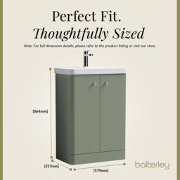 Balterley Bathroom Floor Standing 2 Door Vanity Unit Basin, Satin Green, 605mm in Green - thumbnail 5
