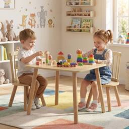 CASART Kids Wooden Table & 2 Chairs Set 3PCS Children Activity Desk Chair Set in Natural