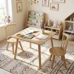 CASART Kids Wooden Table & 2 Chairs Set 3PCS Children Activity Desk Chair Set in Natural - thumbnail 5