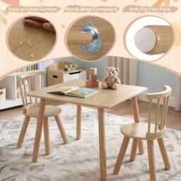 CASART Kids Wooden Table & 2 Chairs Set 3PCS Children Activity Desk Chair Set in Natural - thumbnail 6
