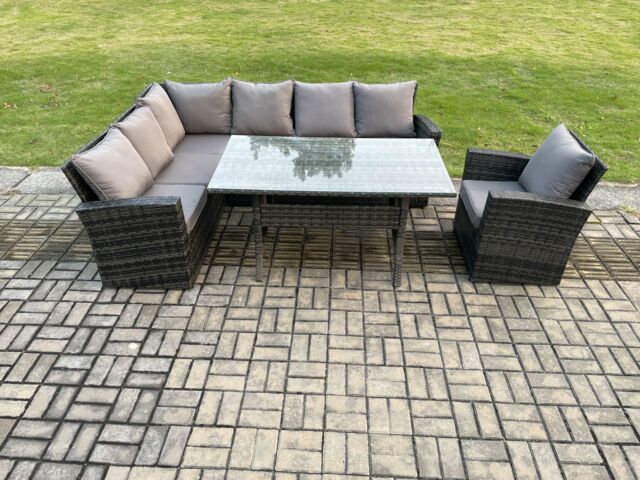 Fimous 7 Seater Garden Rattan Furniture Corner Dining Set Indoor Outdoor Lounge Sofa Set Dark Grey Mixed - image 1