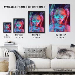 "Artery8 Nerdy Braid Pigtails Glasses Neon Pink Blue Wall Art Print - Size: W24"" x H32""" - thumbnail 3