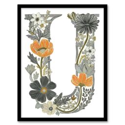 Artery8 Women's Wall Art Print Letter U in Wildflowers Line Drawing Red Delicate Floral Word Art Framed - Size: A4 - thumbnail 1
