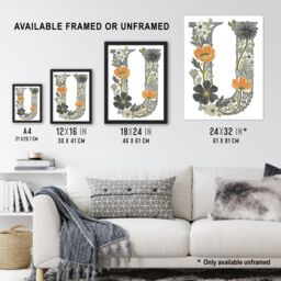 Artery8 Women's Wall Art Print Letter U in Wildflowers Line Drawing Red Delicate Floral Word Art Framed - Size: A4 - thumbnail 3