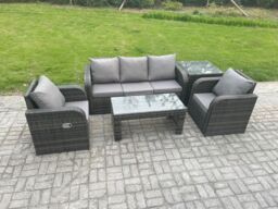 Fimous Wicker PE Rattan Garden Furniture Set Outdoor Lounge Sofa Set with Reclining Chair Coffee Table Side Table in Dark Grey - thumbnail 2