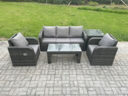Fimous Wicker PE Rattan Garden Furniture Set Outdoor Lounge Sofa Set with Reclining Chair Coffee Table Side Table in Dark Grey - thumbnail 1