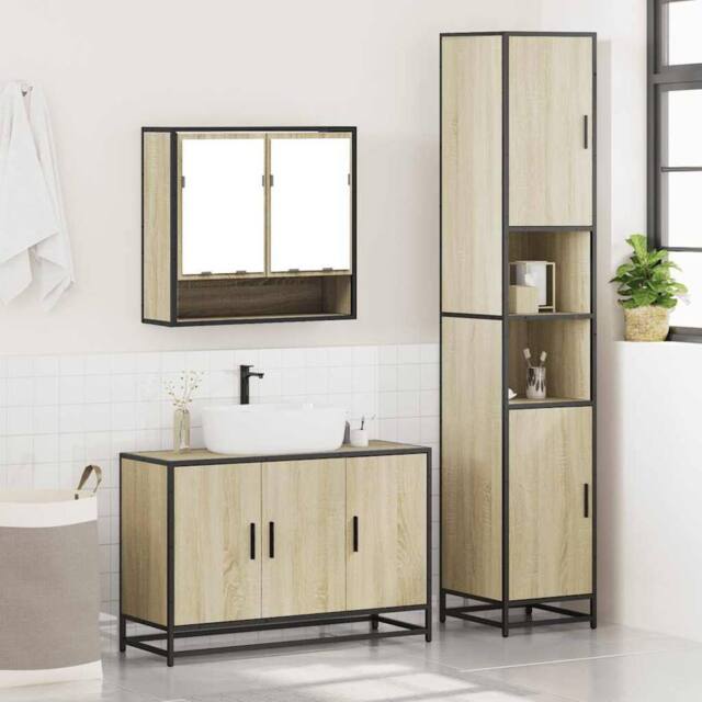 Berkfield Home Durable 3 Piece Bathroom Furniture Set Sonoma Oak Engineered Wood in Brown - image 1