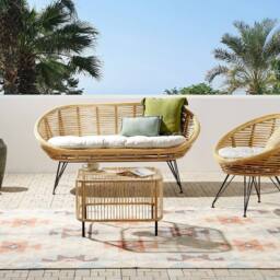 Wyld and Coco 3-Seater Rattan Sofa Set with Coffee Table Natural - thumbnail 1