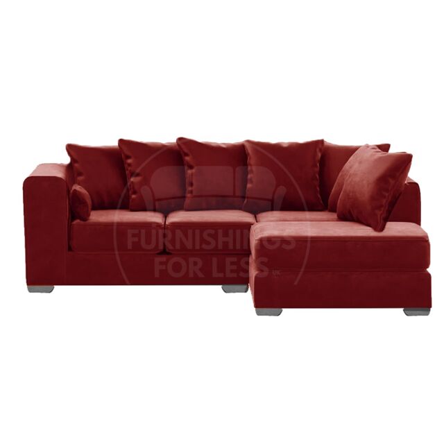 Furnishings For Less UK Ella Boxed Arm Plush Velvet 3 to 4 Seater L Shaped Corner Sofa Gold Right Hand Facing in Red
