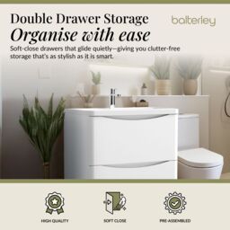 Balterley Bathroom Floor 2 Drawer Vanity & Polymarble Basin, Satin White, 800mm in White - thumbnail 2