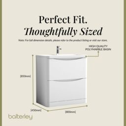 Balterley Bathroom Floor 2 Drawer Vanity & Polymarble Basin, Satin White, 800mm in White - thumbnail 5