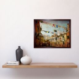 "Artery8 Wall Art Print Venice Canal Italy Clothesline Washing Line Laundry Retro Style Photograph Art Framed in Brown - Size: W12"" x H16""" - thumbnail 2