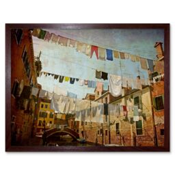 "Artery8 Wall Art Print Venice Canal Italy Clothesline Washing Line Laundry Retro Style Photograph Art Framed in Brown - Size: W12"" x H16""" - thumbnail 1