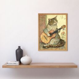 "Artery8 Wall Art Print Street Musician Cat with Guitar by Flower Pattern Mural Pastel Watercolour Art Framed in Light Oak - Size: W12"" x H16""" - thumbnail 2