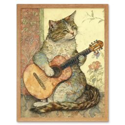 "Artery8 Wall Art Print Street Musician Cat with Guitar by Flower Pattern Mural Pastel Watercolour Art Framed in Light Oak - Size: W12"" x H16""" - thumbnail 1
