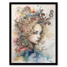 Artery8 Wall Art Print Alice In Wonderland Portrait Watercolour Whimsical Magical Adventure Painting Art Framed in Beige - Size: A4 - thumbnail 1