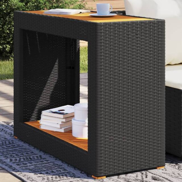 Berkfield Home Garden Side Table with Wooden Top Black 100x40x75 cm Poly Rattan - Size: 100 x 40 x 75 cm - image 1