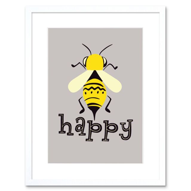 "Artery8 Wall Art Print Be Happy Riddle Bee Framed in White - Size: W7"" x H9""" - image 1