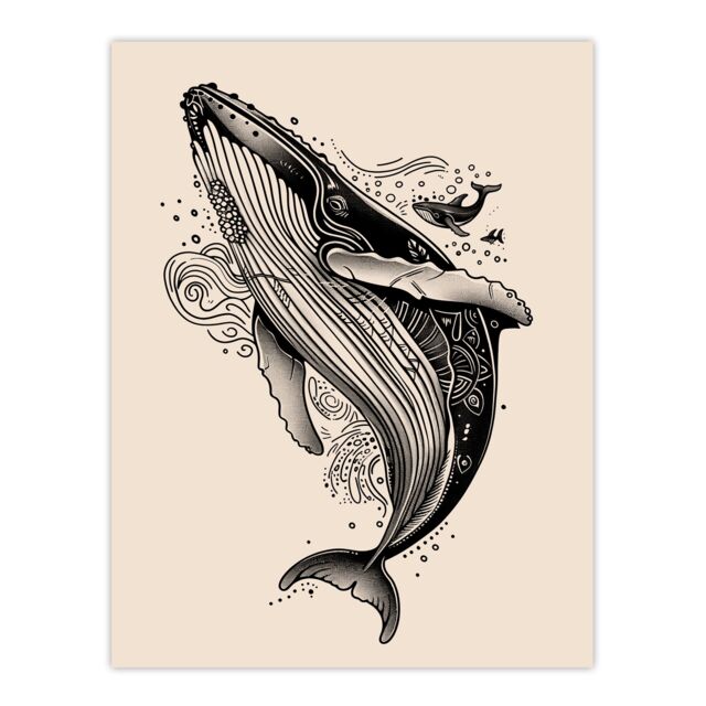 "Artery8 Humpback Whale with Tribal Patterns Tattoo Style Wall Art Print in Beige - Size: W24"" x H32""" - image 1