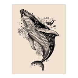 "Artery8 Humpback Whale with Tribal Patterns Tattoo Style Wall Art Print in Beige - Size: W24"" x H32""" - thumbnail 1