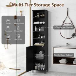 Gymax Bathroom Tall Cabinet Slim Floor Cabinet Organizer With 5 Open Shelves in Black - thumbnail 7