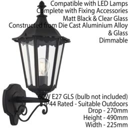 Loops IP44 Outdoor Wall Light Matt Black & Glass Traditional Lantern Porch Dimmable - thumbnail 2