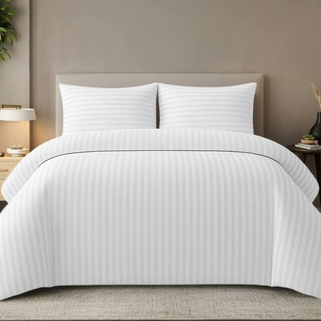 Grace Embossed Satin Stripe Duvet Cover Sets in White - Size: King - image 1