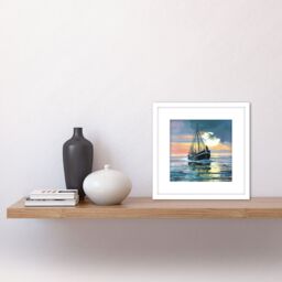 Artery8 Fisherman Returns Oil Painting Fishing Boat Dusk Ocean Peaceful Pink Square Wooden Framed Wall Art Print Picture 8X8 Inch in White - thumbnail 2