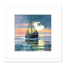Artery8 Fisherman Returns Oil Painting Fishing Boat Dusk Ocean Peaceful Pink Square Wooden Framed Wall Art Print Picture 8X8 Inch in White - thumbnail 1