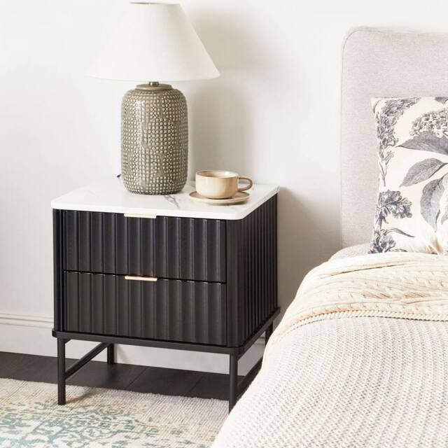 Wyld and Coco Two-Drawer Bedside Table - Black Marble-Effect Top MDF Body Iron Frame - image 1