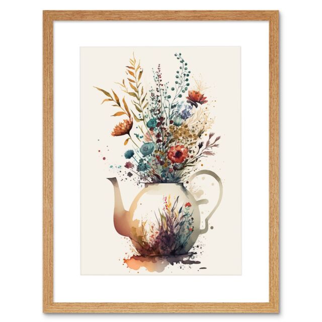 "Artery8 Wall Art Print Wildflower Bouquet Teapot Vase with Floral Design Artwork Framed 9X7 Inch in Beige - Size: W7"" x H9""" - image 1