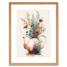 "Artery8 Wall Art Print Wildflower Bouquet Teapot Vase with Floral Design Artwork Framed 9X7 Inch in Beige - Size: W7"" x H9""" - thumbnail 1