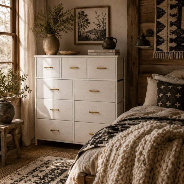 Wyld Haus Tafi 9 Drawer Boucle Storage Chest Cream White Steel Frame - image 1
