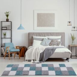 THE RUGS Soft Duck Egg Blue Check High Pile Shaggy Rugs & Runners Living Room - Size: 80 cm x 150 cm - thumbnail 9