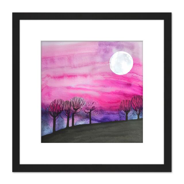 Artery8 Full Moon Pink Sky Forest Landscape Simple Watercolour Illustration Square Wooden Framed Wall Art Print Picture 8X8 Inch in Black - image 1